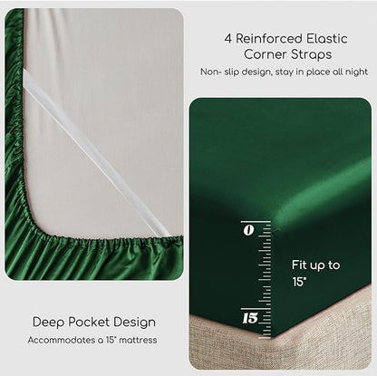 MR&HM Satin Bed Sheets, Queen Size Sheets Set, 4 Pcs Silky Bedding Set with 15 Inches Deep Pocket for Mattress (Queen, Dark Green)