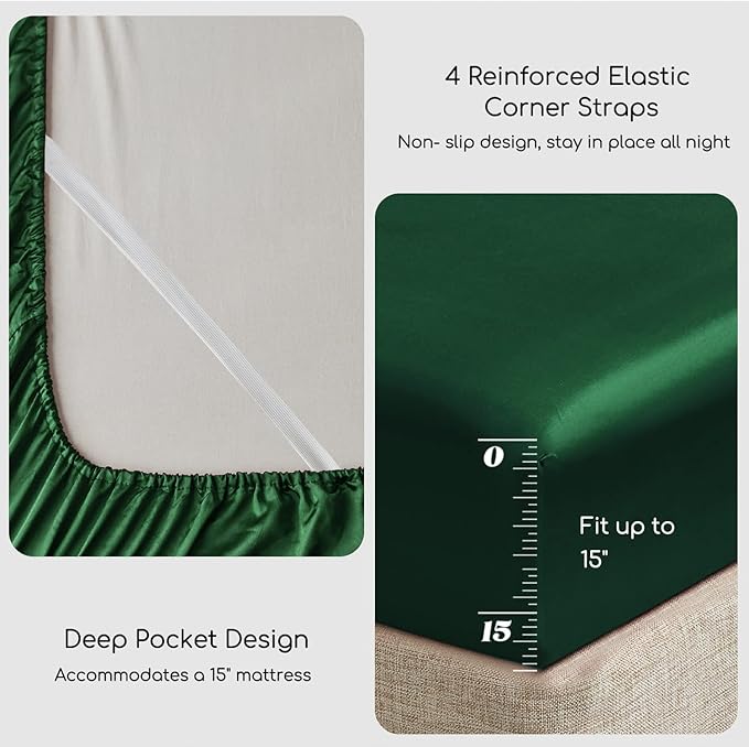 MR&HM Satin Bed Sheets, Twin Size Sheets Set, 3 Pcs Silky Bedding Set with 15 Inches Deep Pocket for Mattress (Twin, Dark Green)