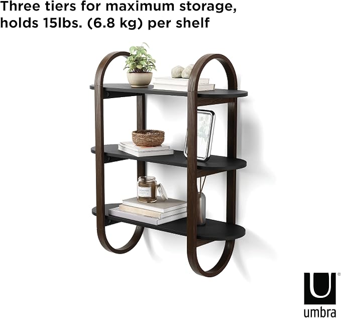 Umbra Bellwood Wall-Mount Book Shelf Display Case with Three Shelves, Black/Walnut