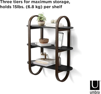 Umbra Bellwood Wall-Mount Book Shelf Display Case with Three Shelves, Black/Walnut