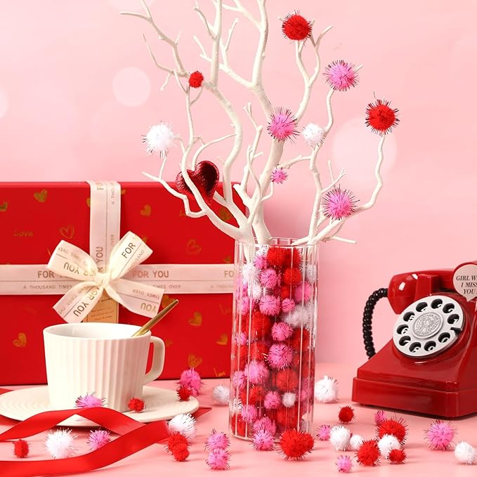 UPINS Valentine's Day Pom Poms Balls, 600 Pieces Pink Red Glitter Pom Poms Mixed Sizes Fluffy Pompoms for Crafts Making DIY Wedding Valentine's Day Party Decorations Supplies (3 Colors)