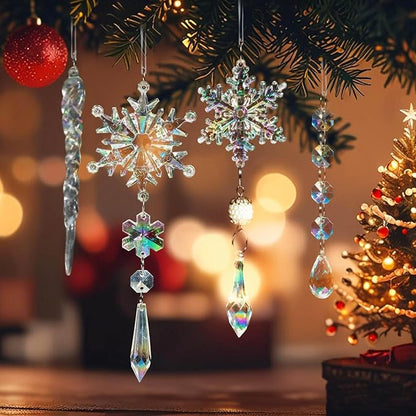 Christmas Tree Decorations Crystal Ornaments - 18pcs Iridescent Christmas Ornaments Acrylic Snowflakes Icicle Drop Crystal Hanging Ornaments for Xmas Tree Winter Holiday Frozen Party Decorations