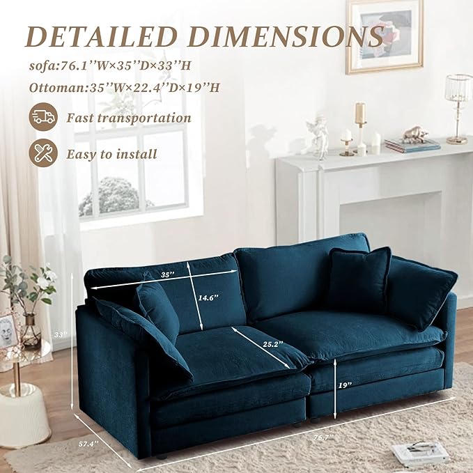 SoarFlash Chenille Sectional Sofa, Comfy Modular Loveseat Sofa, Modern 2-Seat Couch Deep Seat Sofa Set for Living Room,Deep Blue