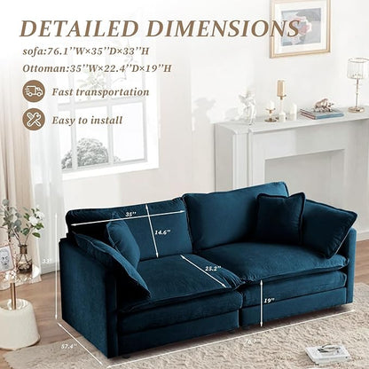 SoarFlash Chenille Sectional Sofa, Comfy Modular Loveseat Sofa, Modern 2-Seat Couch Deep Seat Sofa Set for Living Room,Deep Blue