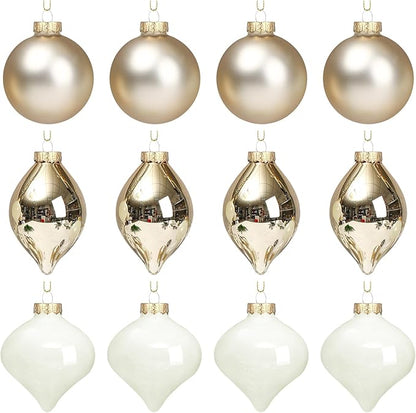 Zomiboo 12 Pcs Gold Glass Christmas Ball Ornaments Set 3.15" Hanging Shatterproof Glass Bulbs for Christmas Tree Baubles Bulk for Holiday Xmas Tree Decorations Gifts