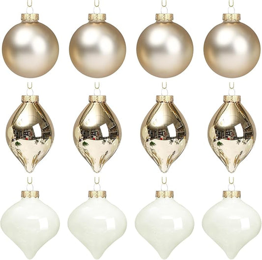 Zomiboo 12 Pcs Gold Glass Christmas Ball Ornaments Set 3.15" Hanging Shatterproof Glass Bulbs for Christmas Tree Baubles Bulk for Holiday Xmas Tree Decorations Gifts