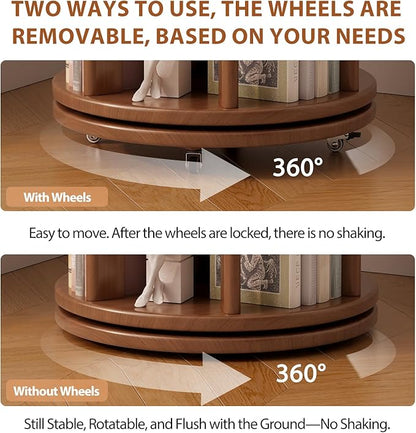 Solid Wood Rotating Bookshelf on Wheels, 4 Tier, Round Revolving Bookcase, 360° Spinning Book Shelf Tower for Kids, Narrow Rolling Bookshelves for Small Space, Corner, Bedroom, Office, Walnut