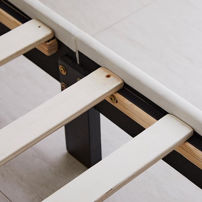 Livinia Queen Size Elton Velvet Platform Bed, Upholstered Bed Frame with Vertical Channel Tufted Headboard Footboard, Strong Wood Slats, No Box Spring Needed, Ivory (Queen)