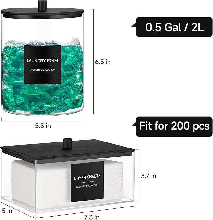 Glass Jars and Acrylic Dryer Sheet Holder, Laundry Pods Container with Bamboo Lid and 27 Labels, Powder Detergent Containers for Laundry Room Organization, Storage Jars Set (3 Pack, Black)
