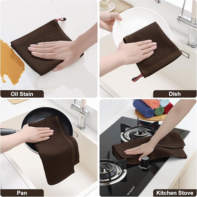 Homaxy 100% Cotton Kitchen Towels and Dishcloths Set, 12 x 12 Inches and 13 x 28 Inches, Set of 16 Bulk Kitchen Towels Set, Ultra Soft Absorbent Dish Cloths for Washing Dishes, Dark Brown