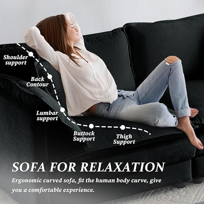 SoarFlash Chenille Sectional Sofa, Comfy Modular Loveseat Sofa, Modern 2-Seat Couch Deep Seat Sofa Set for Living Room,Black