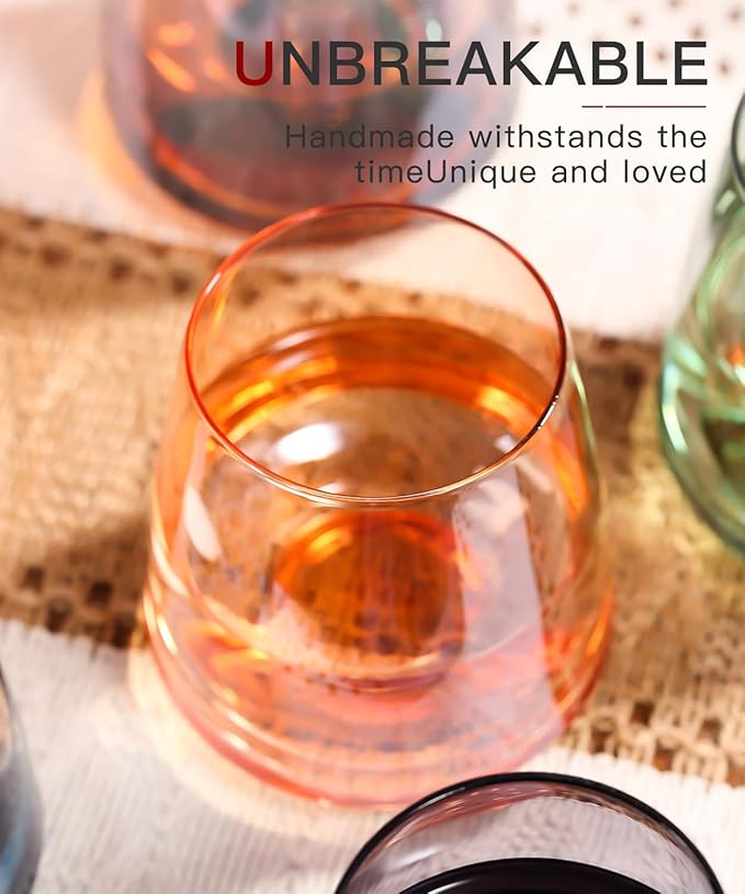 Stemless Colored Wine Glasses Set of 6-15oz Colorful Wine Glasses,Perfect Red Wine Glass Stemware for Wine Lover in Wedding,Engagement Gifts