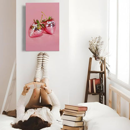 APJYM Funky Red Strawberry Wall Art, Trendy Retro Y2K Disco Ball Strawberry Canvas Wall Art, Aesthetic Posters for Girls Bedroom, Pink Room Decor Y2K, Preppy Room Decor, 16x24 Inches Framed