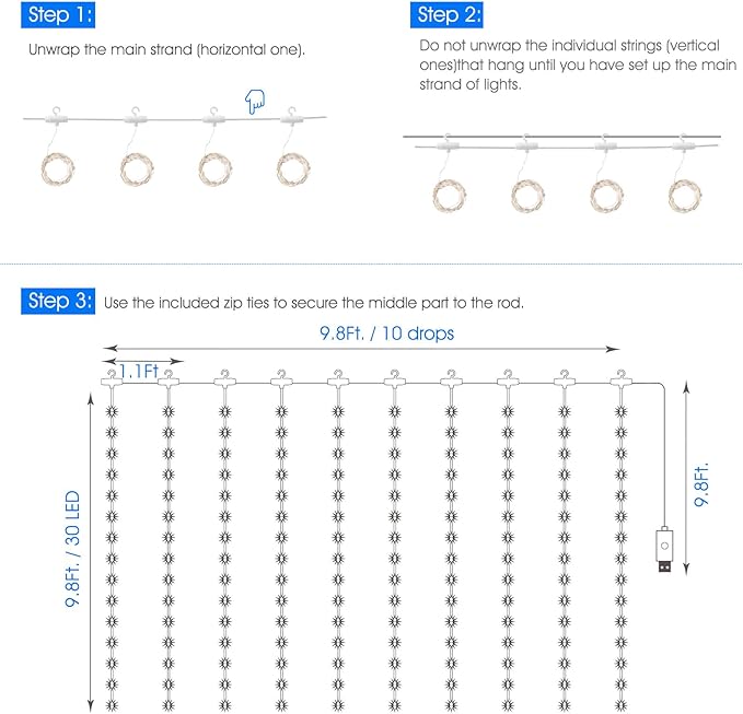 Minetom Curtain Lights, 300 LED Dimmable Fairy Lights with Remote and Timer, 8 Modes, USB Powered String Lights for Room Wall Party Xmas Indoor Decor, Blue & White