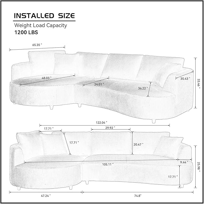 122'' Modern Curved Cloud Sofa Luxury Living Room 5 Seater Sectional Sofa Curve Design Comfortable Upholstered Sofas with Toffee Chair for Living Room Bedroom Apartment(Corduroy+Left Facing, White)