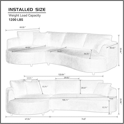 122'' Modern Curved Cloud Sofa Luxury Living Room 5 Seater Sectional Sofa Curve Design Comfortable Upholstered Sofas with Toffee Chair for Living Room Bedroom Apartment(Corduroy+Left Facing, White)