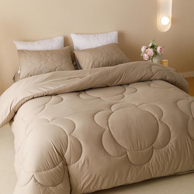 CLOTHKNOW Khaki Full Size Comforter Sets 3Pcs Daisy Puff Bedding Comforter Sets Boho Taupe Comforter Soft Champagne Comforter Full with 2 x Pillowcases