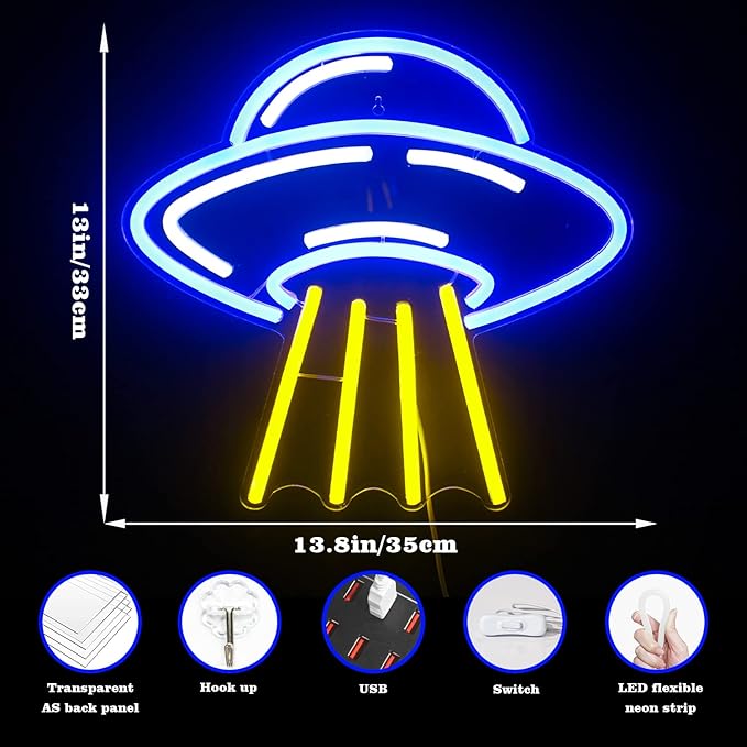 Lucunstar UFO Neon Sign For Room,Alien Spaceship LED Neon Light Sign,Cute Neon Sign,Space Neon Signs for Wall Decor,Blue UFO Neon Light Sign for Bedroom Game Room Wall Decor,Ufo Lovers