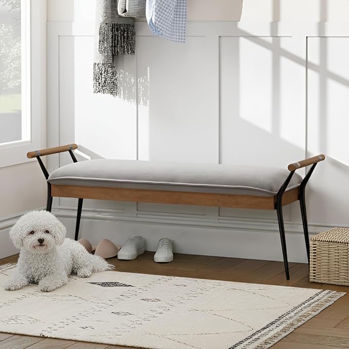 DUOMAY Modern Rectangle Ottoman Bench with Arms and Metal Legs, Mid Century Chenille Fabric Dining Table Bench Footstool Entryway Shoe Bench for Dining Room Bedroom Living Room, Grey