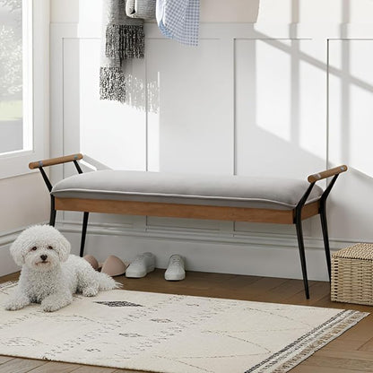 DUOMAY Modern Rectangle Ottoman Bench with Arms and Metal Legs, Mid Century Chenille Fabric Dining Table Bench Footstool Entryway Shoe Bench for Dining Room Bedroom Living Room, Grey