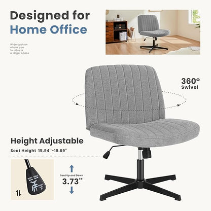 DUMOS Desk Chair No Wheels, Criss Cross Chair Wide Cross Legged Desk Vanity Comfy Chair, Armless Adjustable Swivel Chairs for Home Computer Task Gray