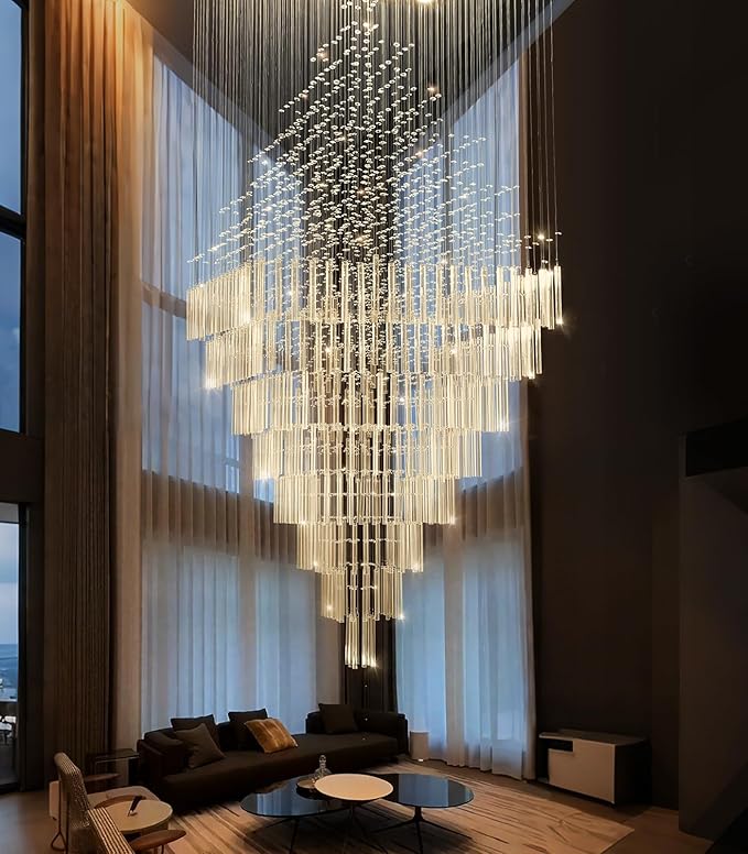 W47 x H120 Luxury Crystal Chandelier with LED Bulbs Glam Raindrop High Ceiling Square Light Chandeliers for Entrance Large Villa Foyer Living Room Lighting Fixtures Gold