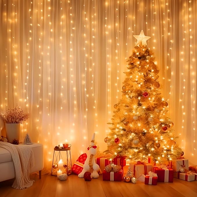 Minetom Curtain Lights, 300 LED Dimmable Fairy Lights with Remote and Timer, 8 Modes, USB Powered String Lights for Room Wall Party Xmas Indoor Decor, Orange