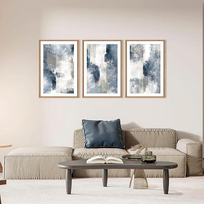 HOURIA Abstract Navy Blue Gray Framed Canvas Wall Art Set,Neutral White Brush Stroke Wall Decor,Minimalist Color Block Shapes Artwork,Modern Pastel Prints for Living Room,Bedroom,Farmhouse- 24"x36"x3