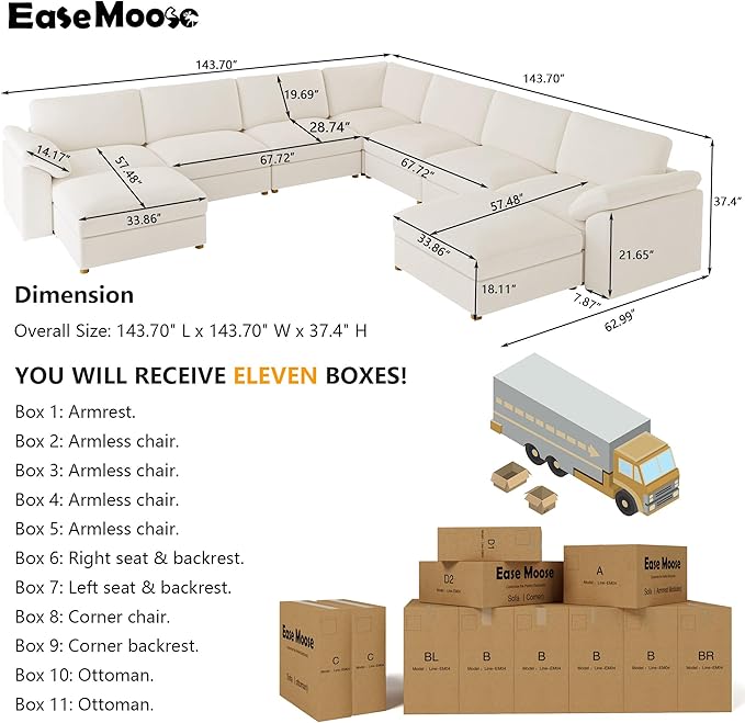 EASE MOOSE Oversized Modular Sectional Sofa with Ottoman,Modern Luxury Wide Deep Modular Couch, U Shaped Couch for Big Spaces Living Room, White