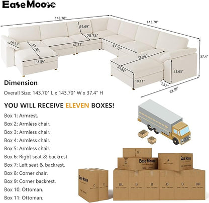 EASE MOOSE Oversized Modular Sectional Sofa with Ottoman,Modern Luxury Wide Deep Modular Couch, U Shaped Couch for Big Spaces Living Room, White