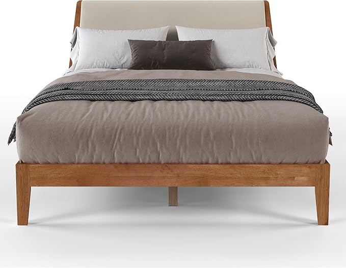 DG Casa Vandermark Solid Wood Easy Install Full Bed Frame with Unique Headboard and Wooden Slat Support Included No Box Spring Required - Beige Walnut