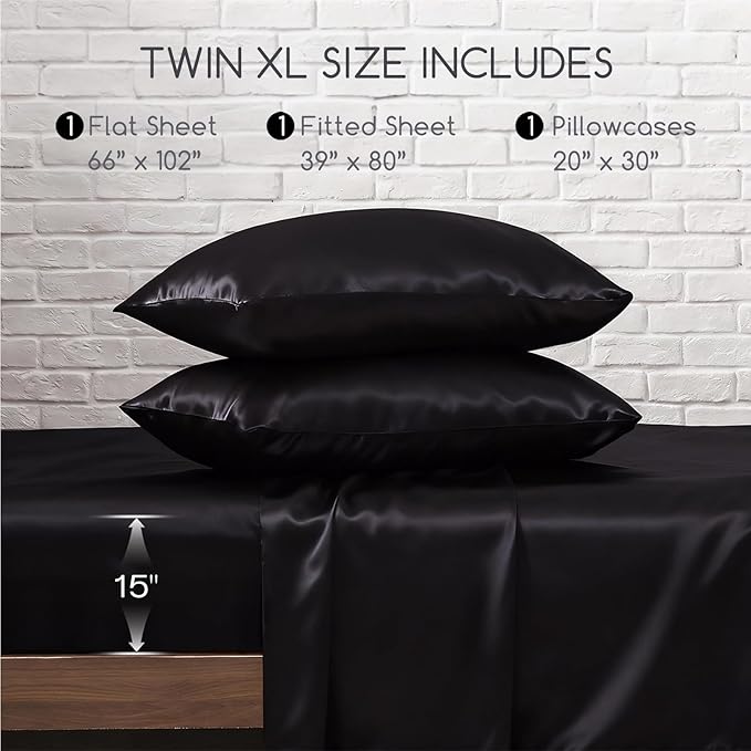 MR&HM Satin Bed Sheets, Twin XL Size Sheets Set, 3 Pcs Silky Bedding Set with 15 Inches Deep Pocket for Mattress (Twin XL, Black)