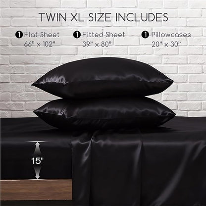 MR&HM Satin Bed Sheets, Twin XL Size Sheets Set, 3 Pcs Silky Bedding Set with 15 Inches Deep Pocket for Mattress (Twin XL, Black)