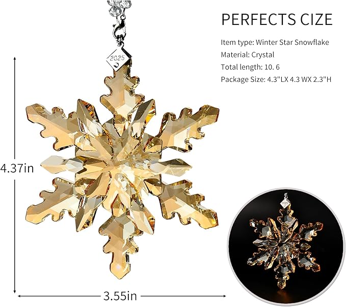 2025 Annual Edition Snowflake Crystal Christmas Ornaments,Christmas Tree Ornaments Crystal Sun Catcher Home Hanging Decor (25-Champagne Gold)