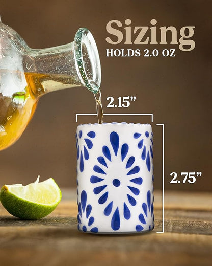 Talavera Shot Glasses 100% Handmade Ceramic Shot Glasses Mexican Pottery Design Perfect Gifts for Women & Men, BLUE