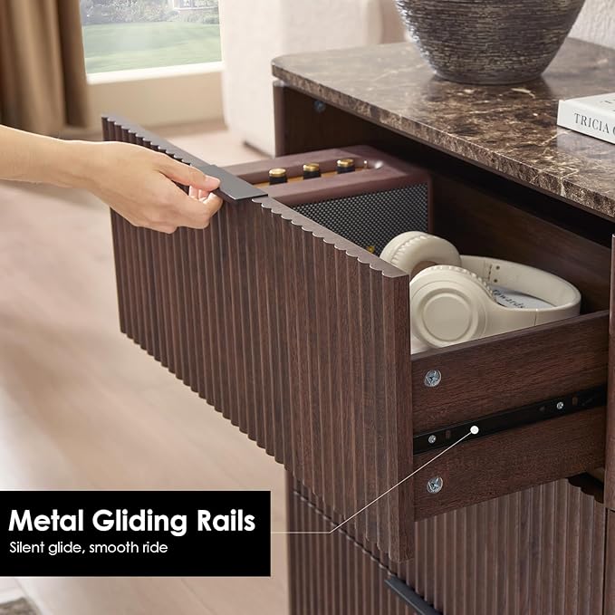 Fluted 6 Drawer Dresser for Bedroom, 54.5" Wide Modern Chest of Drawers with Faux Marble Top, Curved Corners, Wooden Dresser TV Stand with Organizer Storage for Living Room, Dark Oak