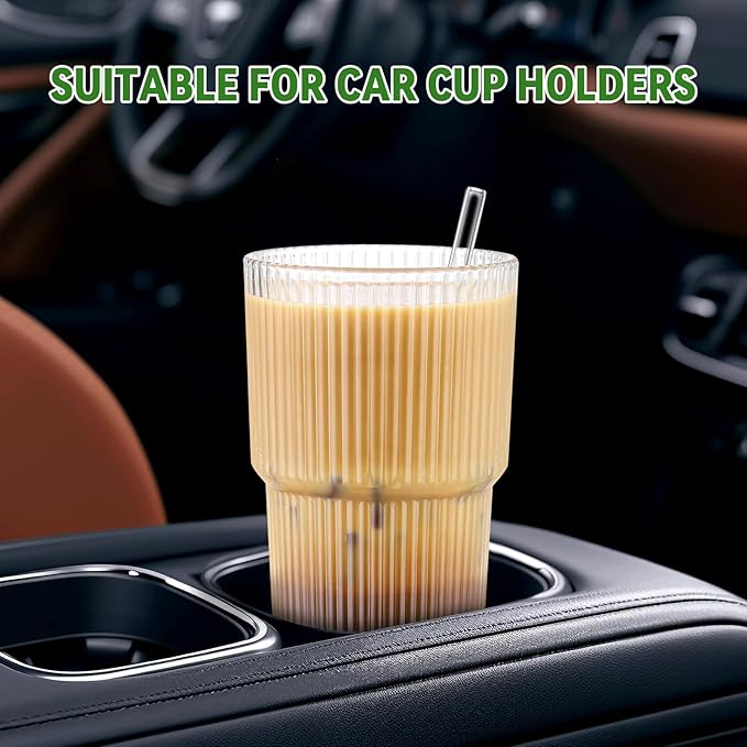 20 oz Glass Cups and Straw 4 Set, Glass Tumbler with Straw, Vintage Glassware for Whiskey Cocktail Beer, Iced Coffee Cups (4 PACK)