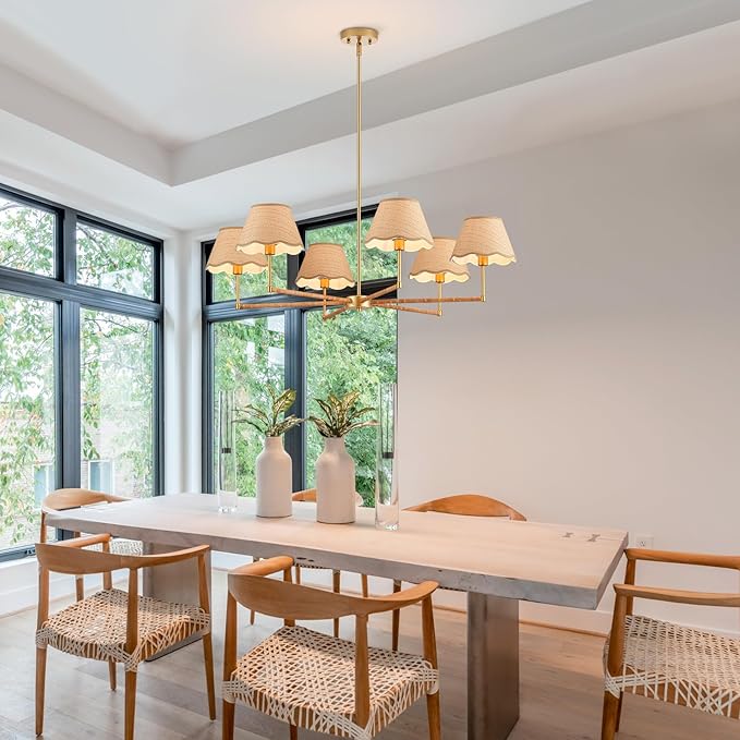 39” Boho Rattan Chandelier 6-Lights Rustic Industrial Pendant Light Large Adjustable Pendant Lighting Fixtures for Kitchen Island Dining Living Room, UL Listed