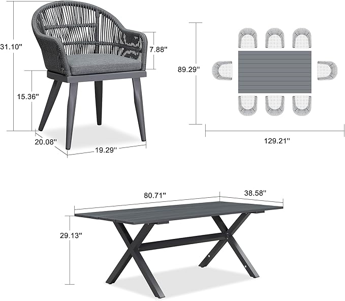 PURPLE LEAF 9 Pieces Patio Dining Set with Outdoor Aluminium Dining Table and Woven Rattan Chairs Modern Metal Furniture Cushions Sets for Garden Yard Indoor Decor Kitchen Gray