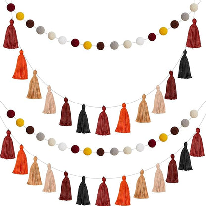 Syhood 4 Pcs Thanksgiving Christmas Pom Pom Tassel Garland Fall Felt Ball Banner Decorative Colorful Pompom Garland for Thanksgiving Autumn Xmas Theme Party Classroom Home Decor(Classic Colors)