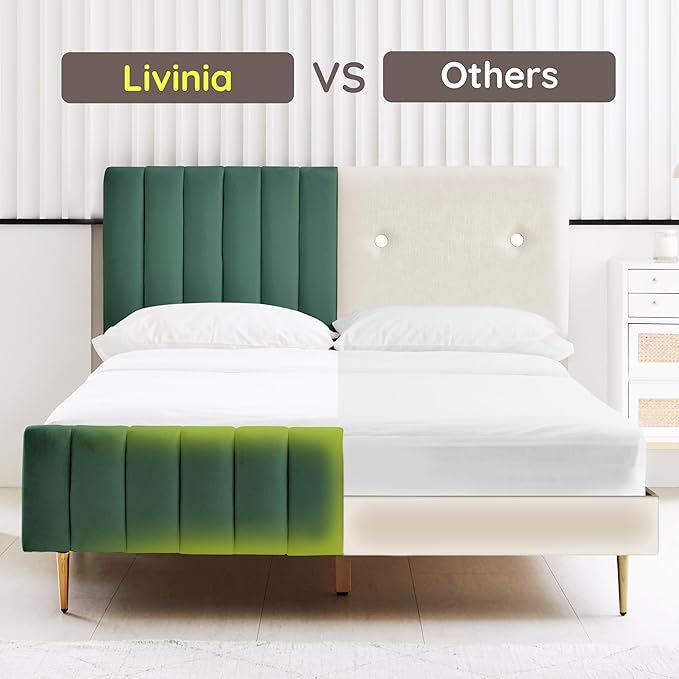 Livinia King Size Elton Velvet Platform Bed, Upholstered Bed Frame with Vertical Channel Tufted Headboard Footboard, Strong Wood Slats, No Box Spring Needed, Green (King)