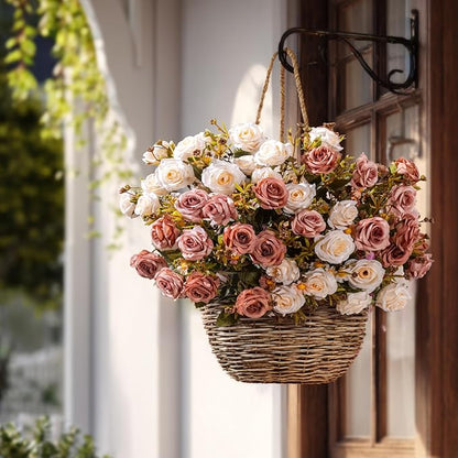 Artificial Flowers for Outdoor 4 Bundles Rose Bouquet with Daisy Faux Flowers UV Resistant for Home Indoor Outside Garden Porch Window Box Balcony Yard Porch Decor (White+Brown)