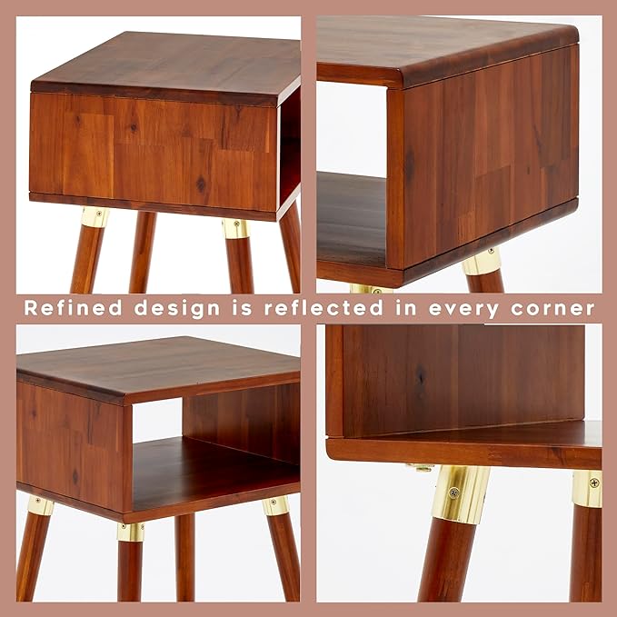 Bme Dinkee Solid Wood Bedside Table Without Drawer for Mid Century Bedroom and Living Room, Dark Chocolate