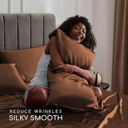 MR&HM Satin Bed Sheets, King Size Sheets Set, 4 Pcs Silky Bedding Set with 15 Inches Deep Pocket for Mattress (King, Brown)