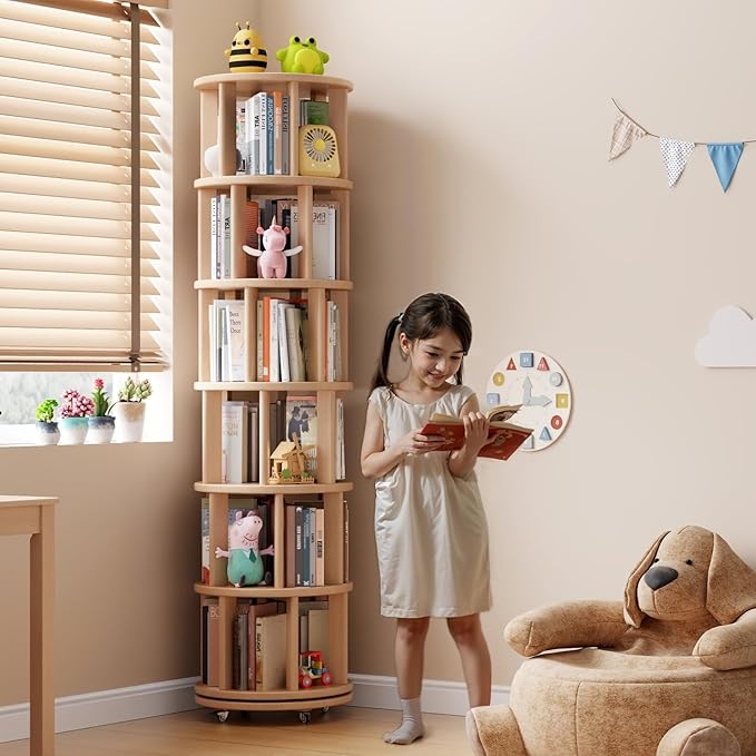 Solid Wood Rotating Bookshelf on Wheels, 6 Tier, Round Revolving Bookcase, 360° Spinning Book Shelf Tower for Kids, Narrow Rolling Bookshelves for Small Space, Corner, Bedroom, Office, Natural