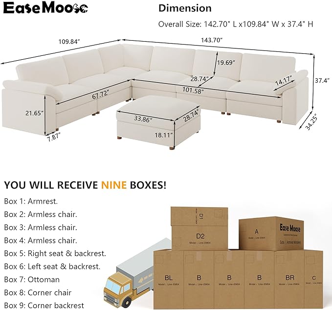 EASE MOOSE Oversized Sectional Modular Sofa,Modern Comfort L Shape Sectional Couch Wide Deep seat Couch for Living Room,White