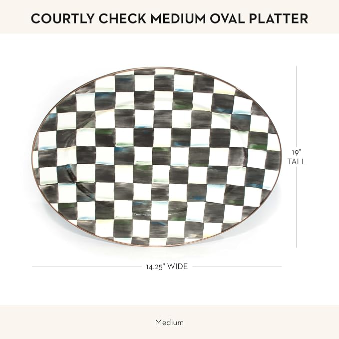 MACKENZIE-CHILDS Enamel Oval Platter, Serving Plate for Entertaining, Medium, Black-and-White Courtly Check