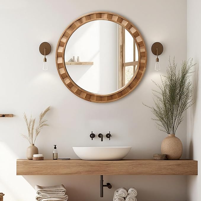 LuxenHome 28-Inch Round Wall Mirror, Large Solid Wood Framed Accent Wall Mounted Mirror, Farmhouse Decorative Wooden Circle Mirrors for Bathroom, Entryway, Living Room, Bedroom Hanging Home Decor