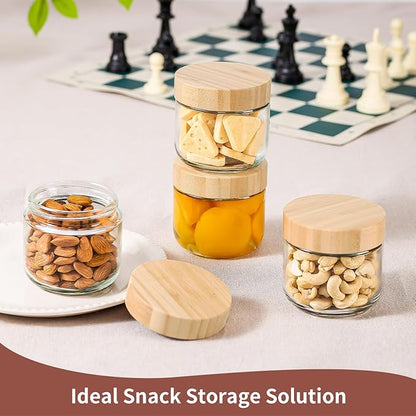 DRKIO 10 Oz Overnight Oats Containers with Bamboo Lids - 4 Pack Glass Storage Jars with Airtight Lids Wide Mouth Mason Food Jars Great for Meal Prep Salad Chia Pudding Snacks Yogurt Sugar Spice