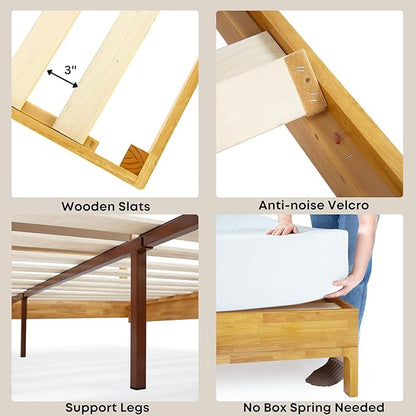 Bme Nipe Bed Frame with Headboard, Bohemian and Mid-Century Modern Style, Solid Rubber Wood Platform Bed with Slat Support, No Box Spring Needed, Easy Assembly, Queen - Natural